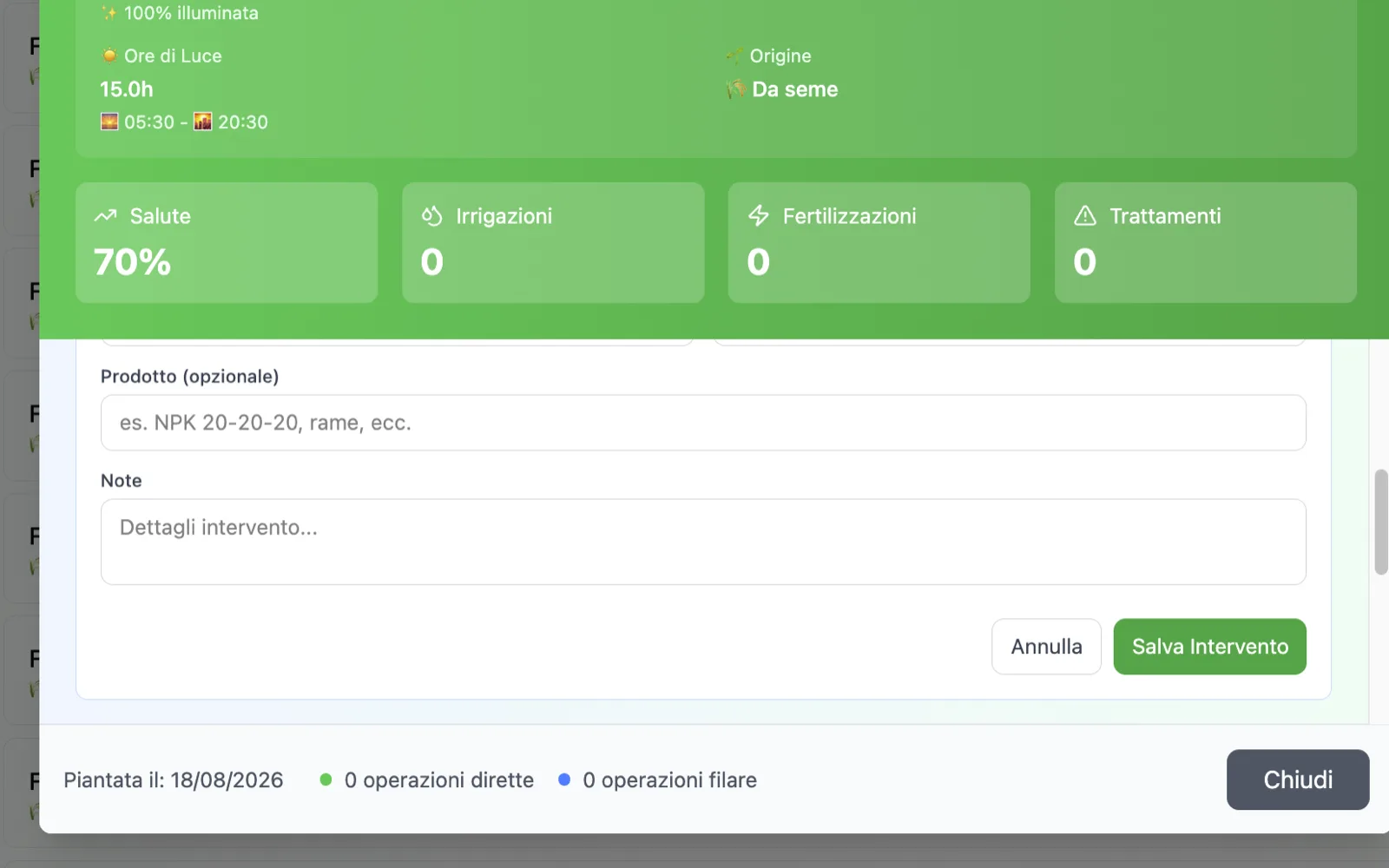 Schermata OrtoMio: registrazione di un intervento su una singola pianta (pomodoro datterino) tramite l’orchestratore interventi, con campi prodotto, note e pulsante salva intervento